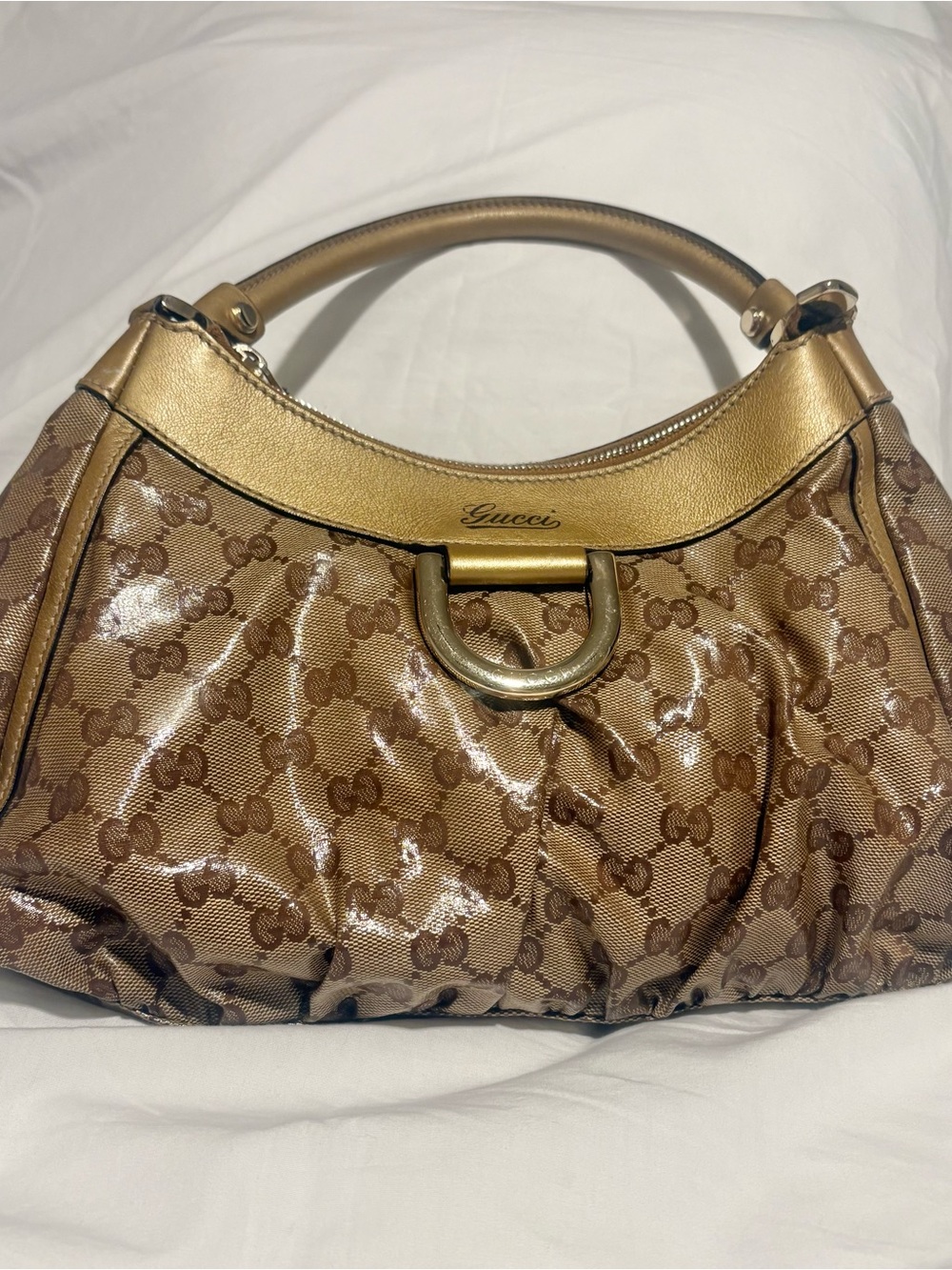 Gucci Gold GG Crystal Abbey D-Ring Hobo Handbag
